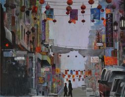 City Street, Chinatown, San Francisco 21x17.5  Oil on Board  Framed