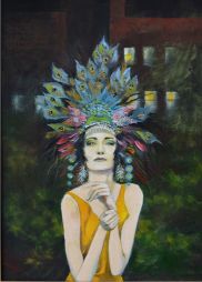SOLD Peacock Hat  15x19  Oil on Board Framed