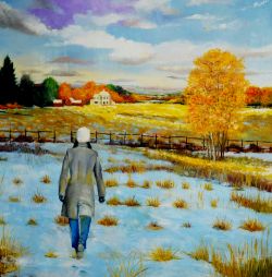 Walking Toward the Studio  25x26  Oil on Board